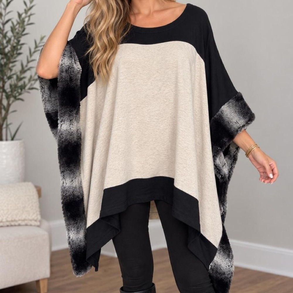 Chico's Jasper Color Block Faux Fur Trim Poncho OS Black Beige Langenlook